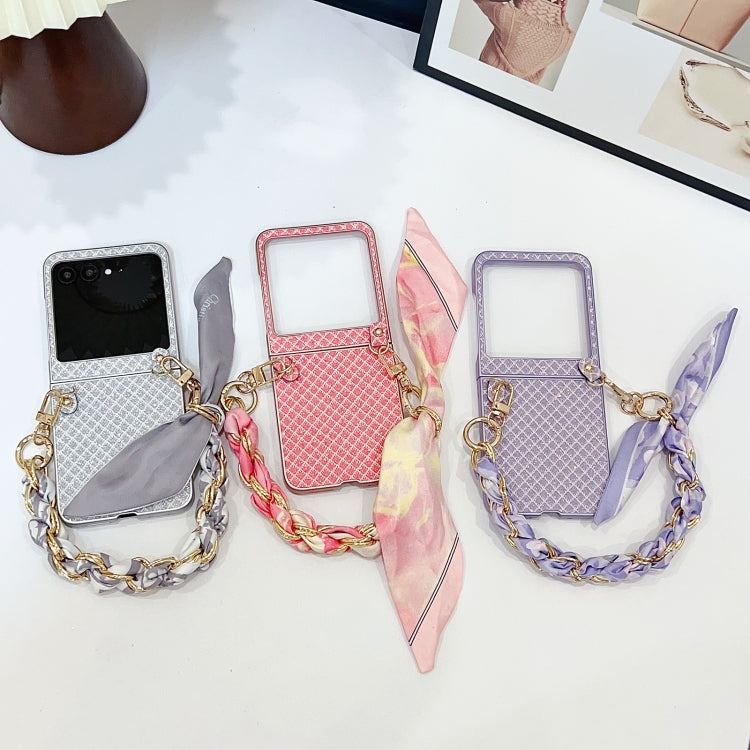 For Motorola Razr 50 Sparkling Diamond Rhombus PC Phone Case with Silk Scarf Bracelet