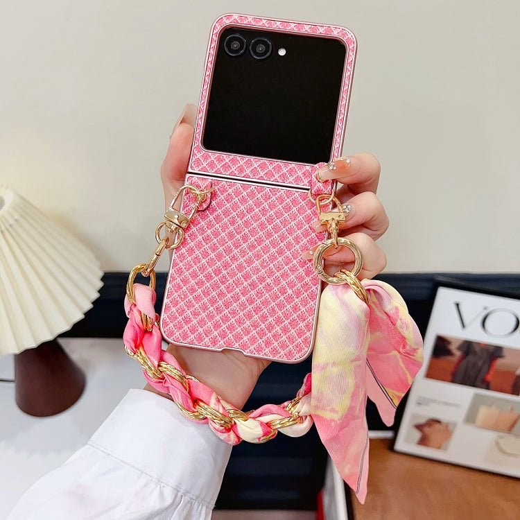 For Motorola Razr 50 Sparkling Diamond Rhombus PC Phone Case with Silk Scarf Bracelet