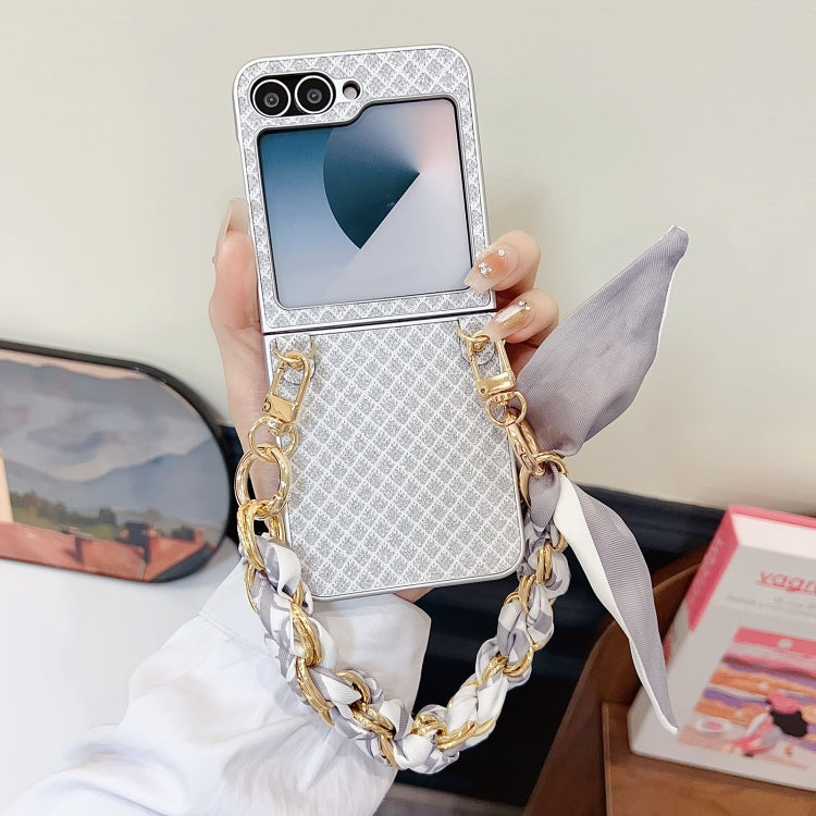 For Samsung Galaxy Z Flip6 / Flip7 FE Sparkling Diamond Rhombus PC Phone Case with Silk Scarf Bracelet