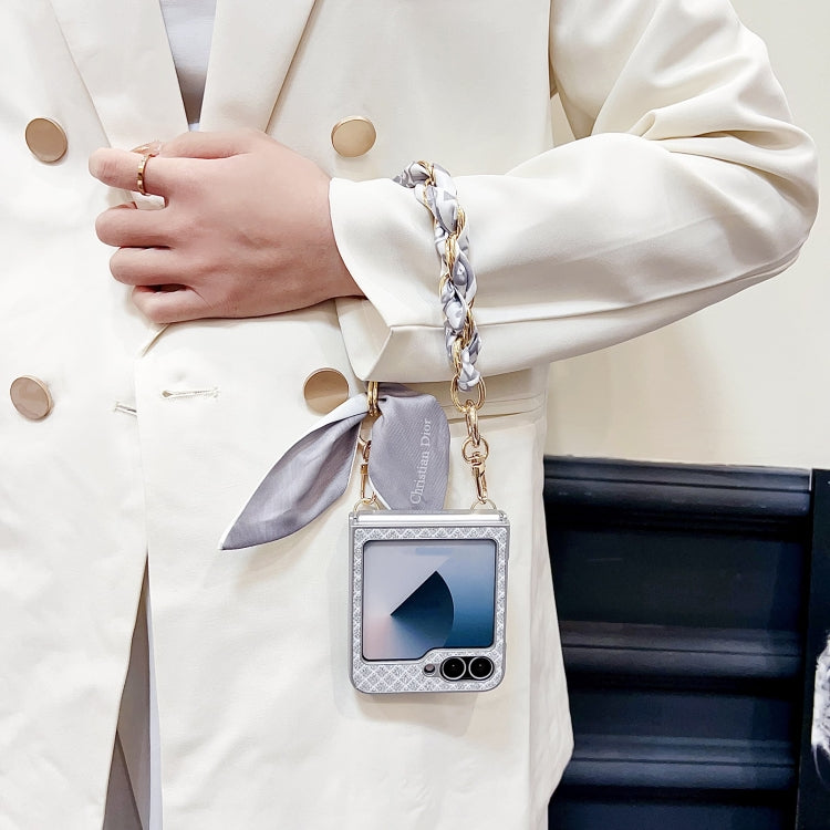 For Samsung Galaxy Z Flip6 / Flip7 FE Sparkling Diamond Rhombus PC Phone Case with Silk Scarf Bracelet