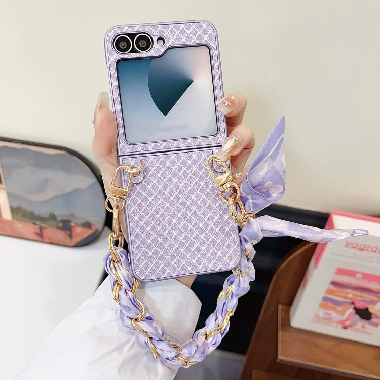 For Samsung Galaxy Z Flip5 5G Sparkling Diamond Rhombus PC Phone Case with Silk Scarf Bracelet