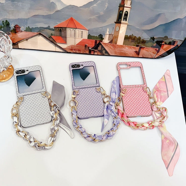 For Samsung Galaxy Z Flip5 5G Sparkling Diamond Rhombus PC Phone Case with Silk Scarf Bracelet