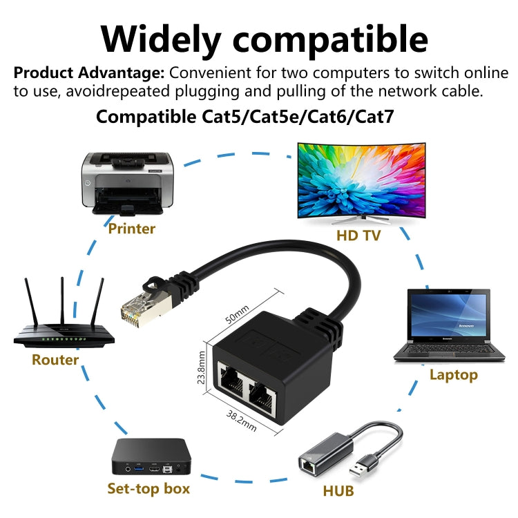 20cm Pair RJ45 CAT6 / CAT5 8 Pin Ethernet Cable Splitter 2 in 1 Network Extension Adapter - Black