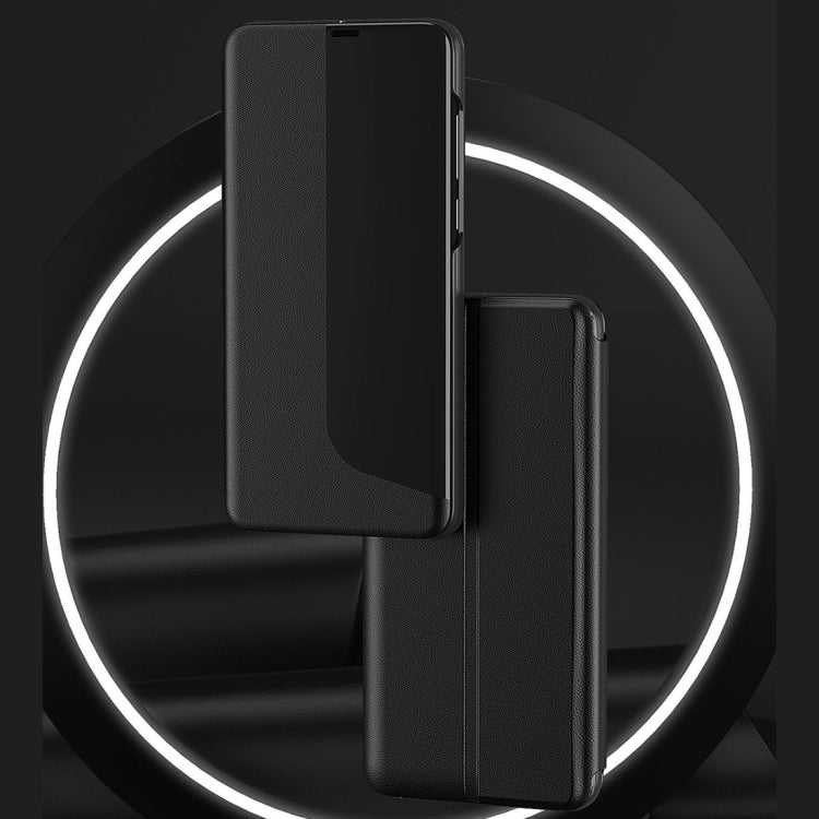 For Huawei P30 Side Display Shockproof Horizontal Flip Leather Case with Holder & Call Answering Function & Sleep / Wake-up