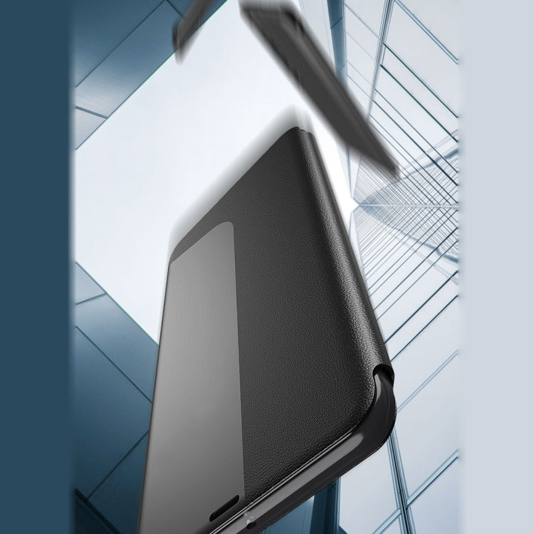 For Huawei P30 Side Display Shockproof Horizontal Flip Leather Case with Holder & Call Answering Function & Sleep / Wake-up