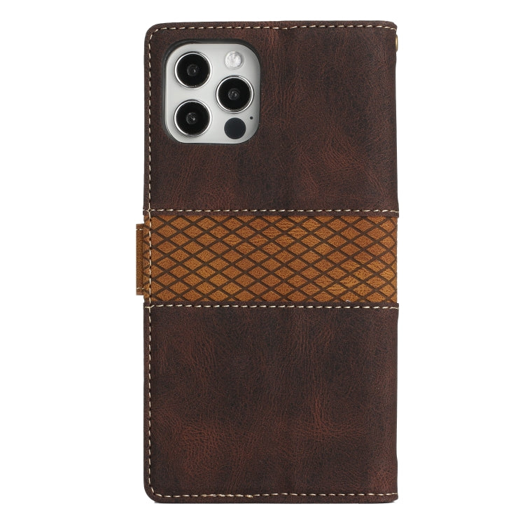 For iPhone 16 Pro Max Grid Stitching Leather Phone Case with Lanyard