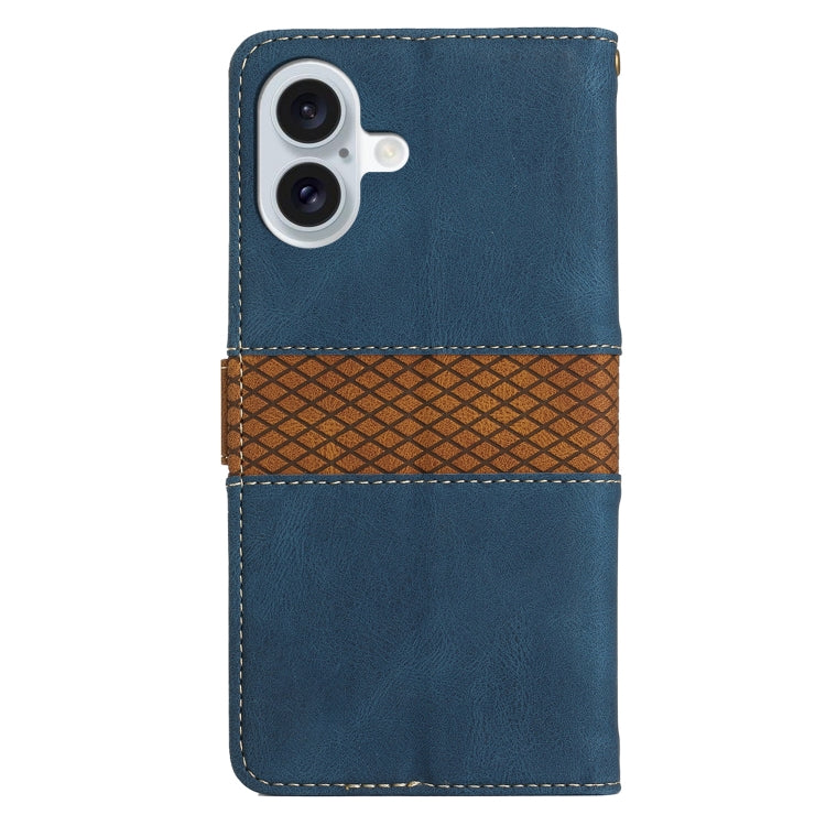 For iPhone 16 Plus Grid Stitching Leather Phone Case with Lanyard