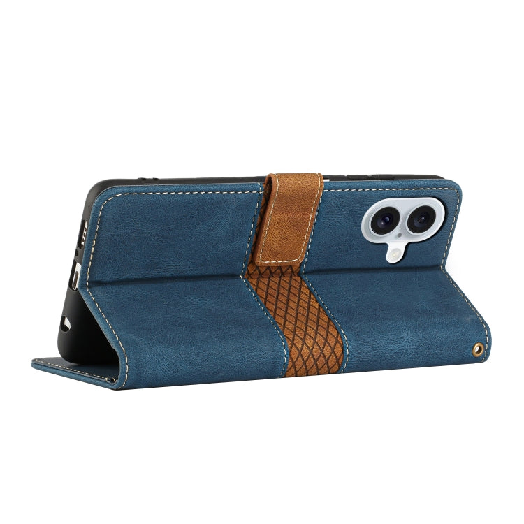 For iPhone 16 Plus Grid Stitching Leather Phone Case with Lanyard