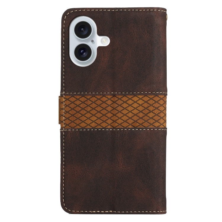 For iPhone 16 Plus Grid Stitching Leather Phone Case with Lanyard