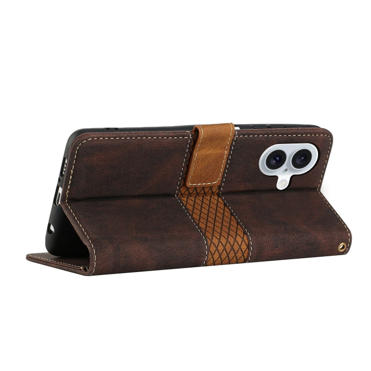 For iPhone 16 Grid Stitching Leather Phone Case with Lanyard