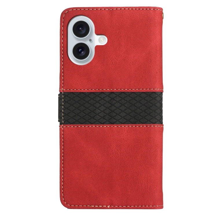 For iPhone 16 Grid Stitching Leather Phone Case with Lanyard