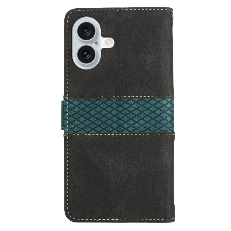 For iPhone 16 Grid Stitching Leather Phone Case with Lanyard
