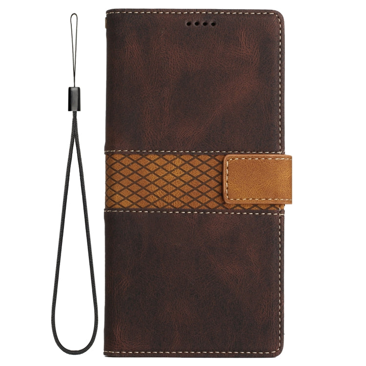 For iPhone 15 Pro Max Grid Stitching Leather Phone Case with Lanyard