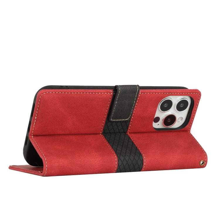 For iPhone 15 Pro Max Grid Stitching Leather Phone Case with Lanyard