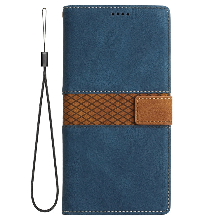 For iPhone 15 Plus Grid Stitching Leather Phone Case with Lanyard