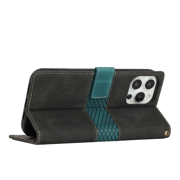 For iPhone 15 Plus Grid Stitching Leather Phone Case with Lanyard