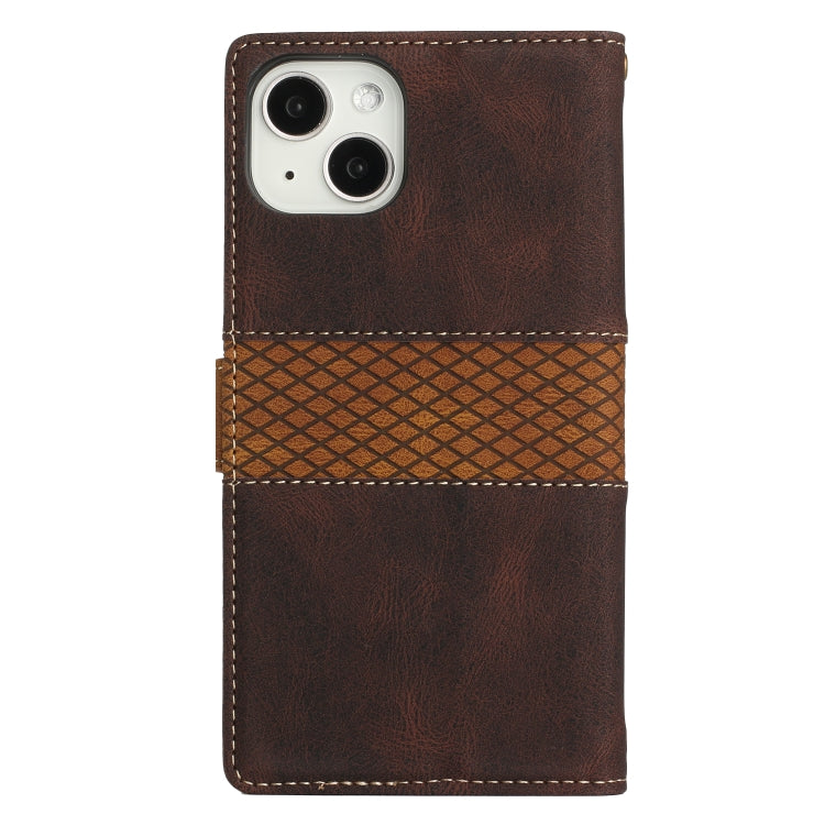 For iPhone 15 Grid Stitching Leather Phone Case with Lanyard