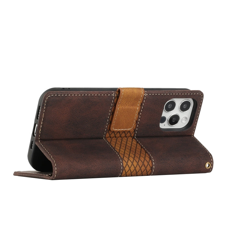 For iPhone 14 Plus Grid Stitching Leather Phone Case with Lanyard