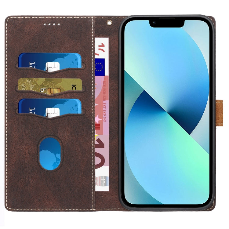 For iPhone 14 Grid Stitching Leather Phone Case with Lanyard