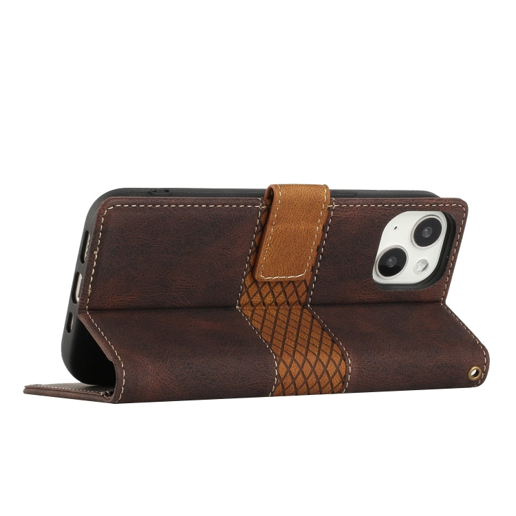 For iPhone 14 Grid Stitching Leather Phone Case with Lanyard