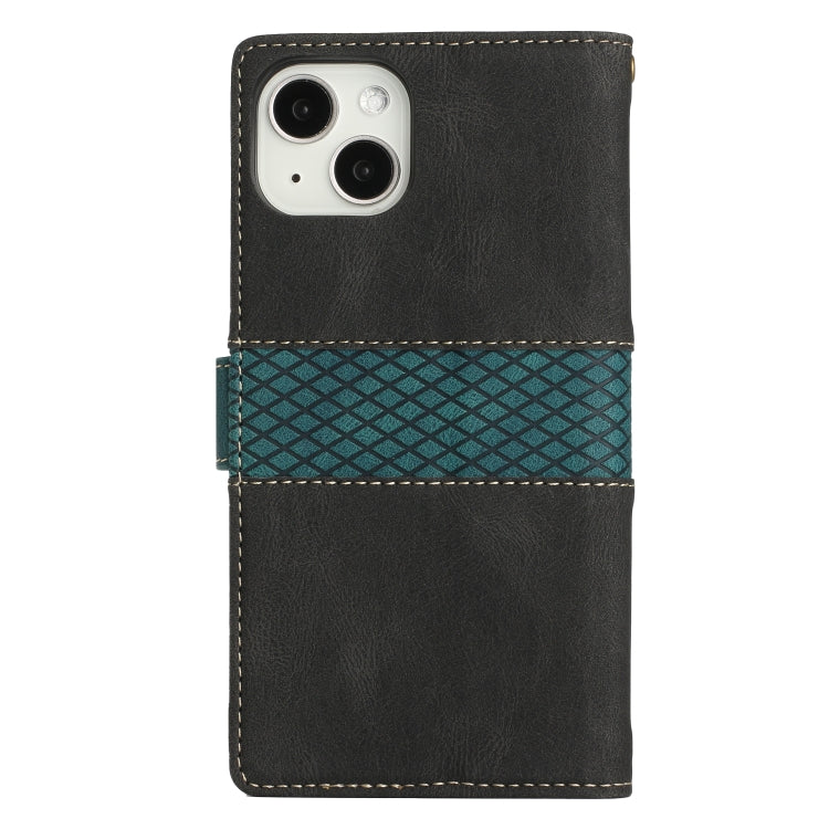 For iPhone 14 Grid Stitching Leather Phone Case with Lanyard