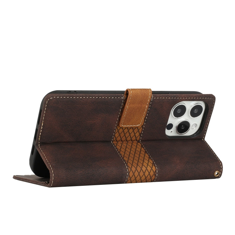 For iPhone 14 Pro Grid Stitching Leather Phone Case with Lanyard