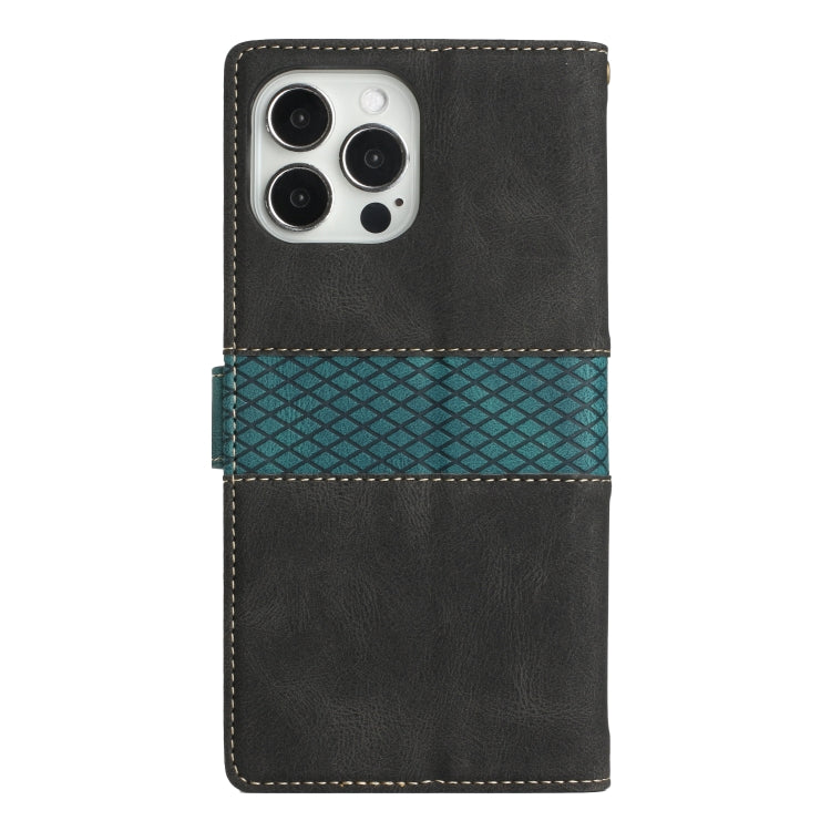 For iPhone 14 Pro Grid Stitching Leather Phone Case with Lanyard