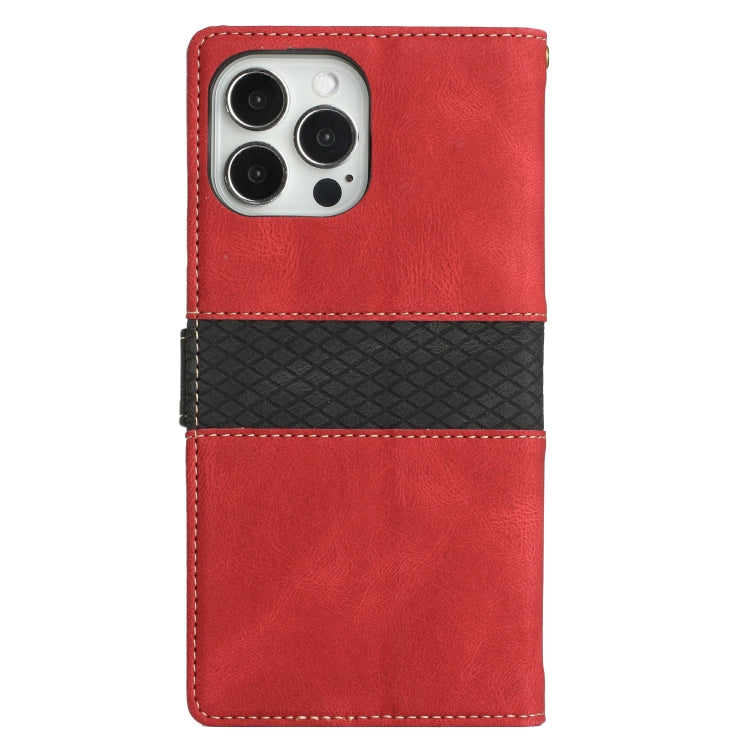 For iPhone 14 Pro Max Grid Stitching Leather Phone Case with Lanyard