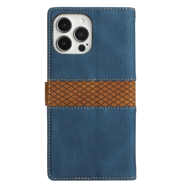 For iPhone 13 Pro Max Grid Stitching Leather Phone Case with Lanyard
