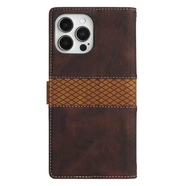 For iPhone 13 Pro Max Grid Stitching Leather Phone Case with Lanyard