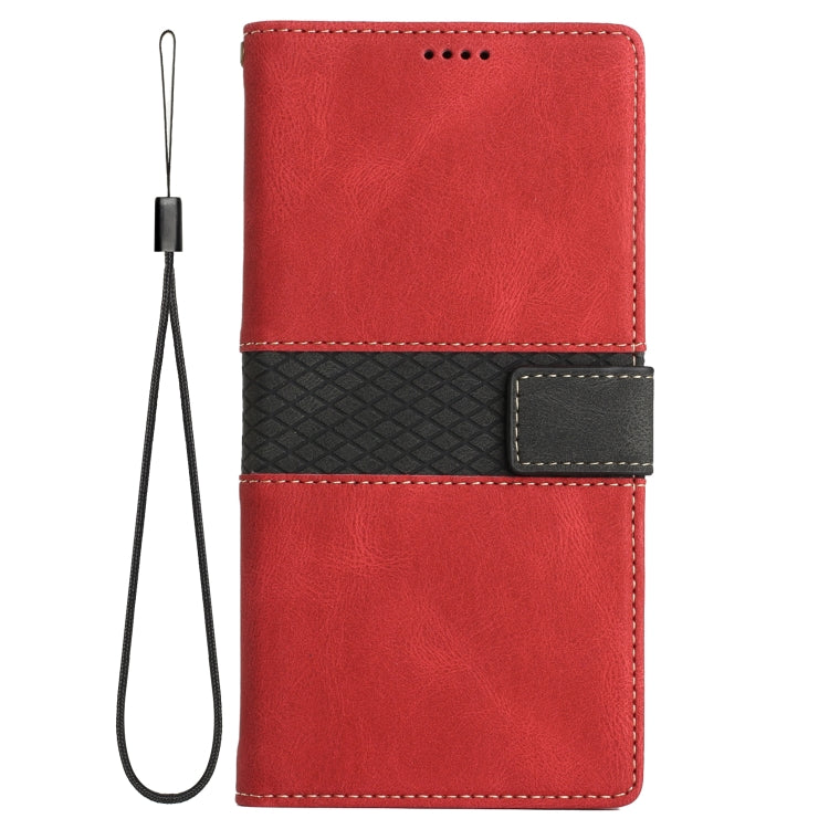 For iPhone 13 Pro Max Grid Stitching Leather Phone Case with Lanyard