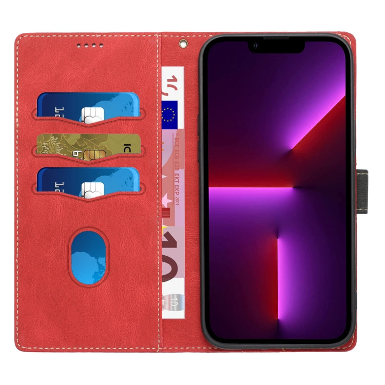 For iPhone 13 Pro Max Grid Stitching Leather Phone Case with Lanyard