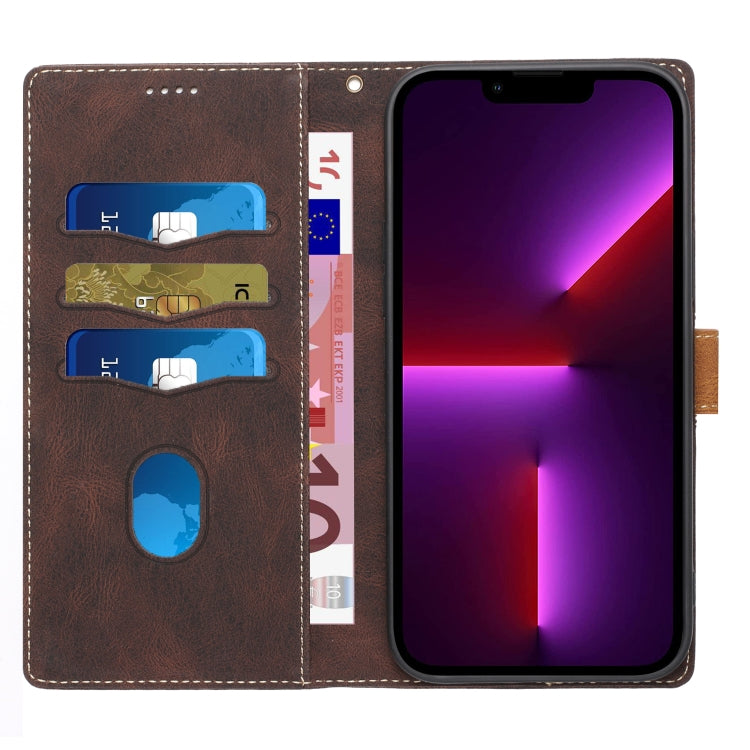 For iPhone 13 Pro Grid Stitching Leather Phone Case with Lanyard