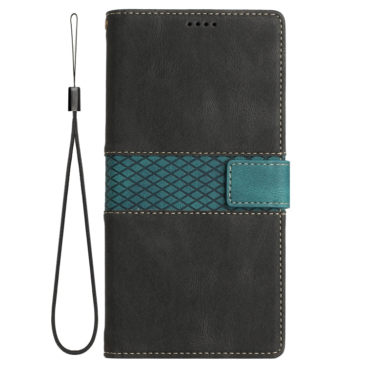 For iPhone 13 Pro Grid Stitching Leather Phone Case with Lanyard