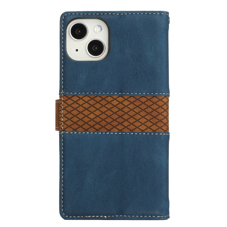 For iPhone 13 mini Grid Stitching Leather Phone Case with Lanyard