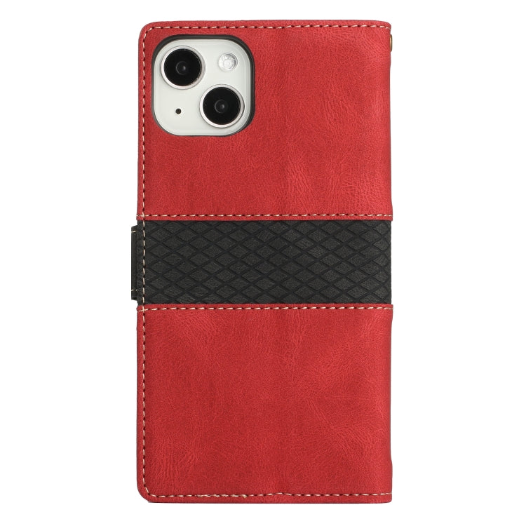 For iPhone 13 mini Grid Stitching Leather Phone Case with Lanyard