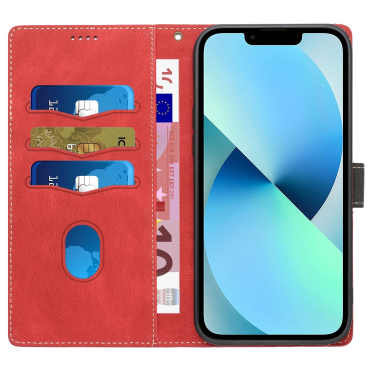 For iPhone 13 mini Grid Stitching Leather Phone Case with Lanyard