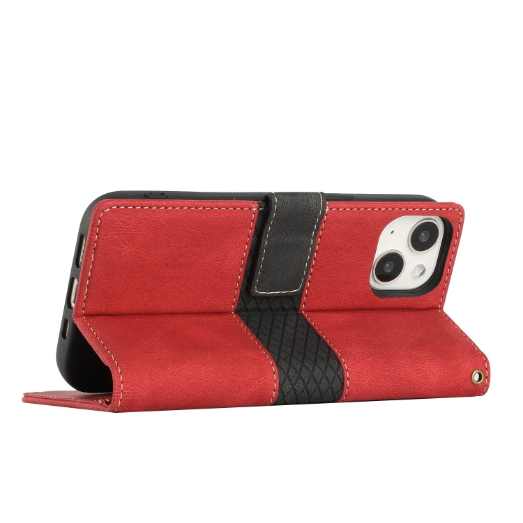 For iPhone 13 mini Grid Stitching Leather Phone Case with Lanyard