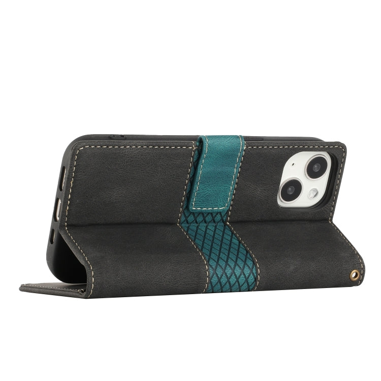 For iPhone 13 mini Grid Stitching Leather Phone Case with Lanyard