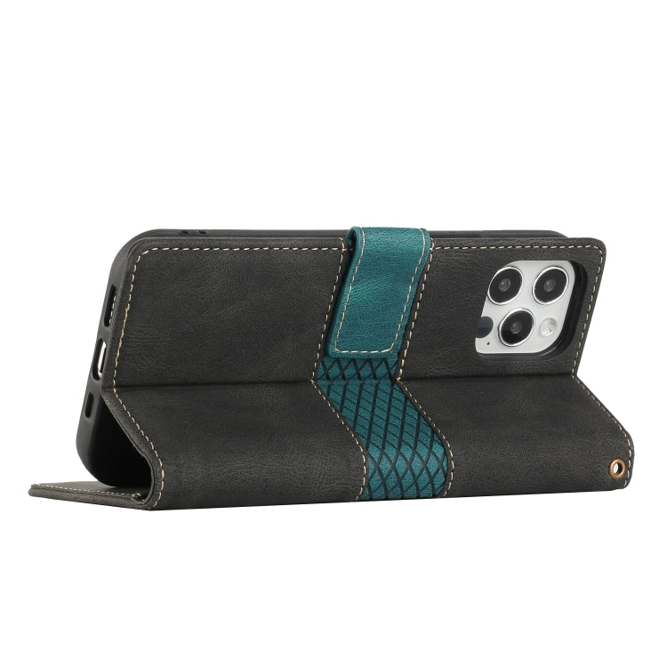 For iPhone 12 / 12 Pro Grid Stitching Leather Phone Case with Lanyard