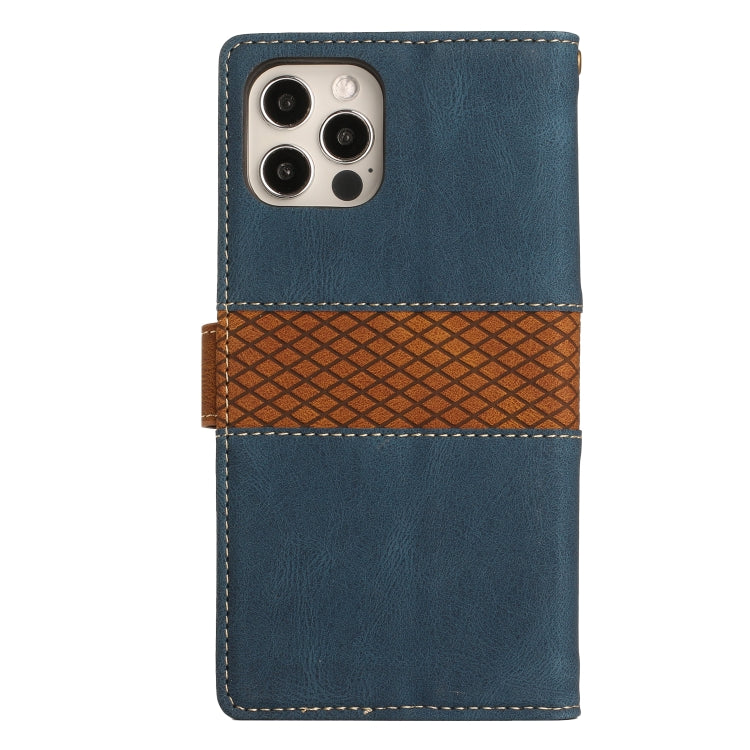 For iPhone 12 Pro Max Grid Stitching Leather Phone Case with Lanyard
