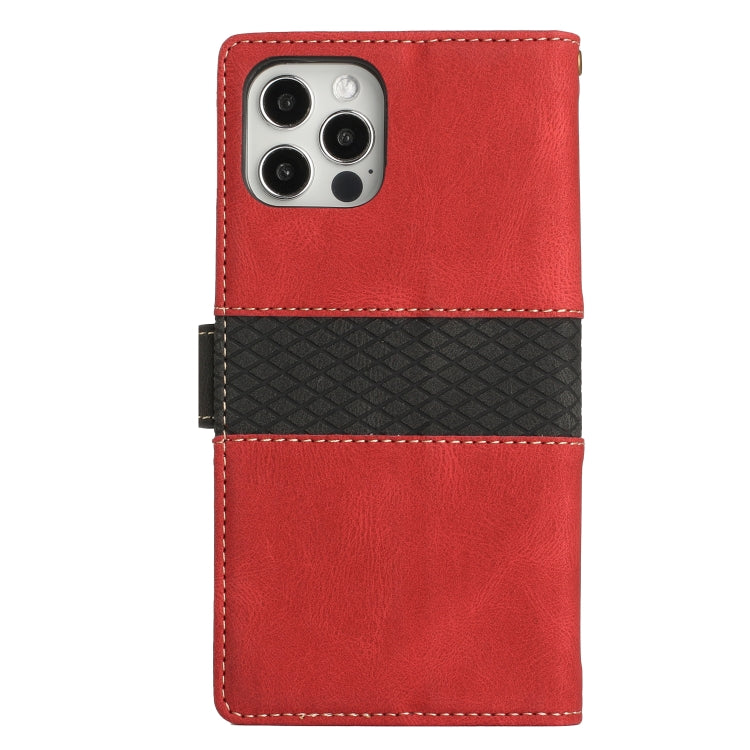 For iPhone 12 Pro Max Grid Stitching Leather Phone Case with Lanyard