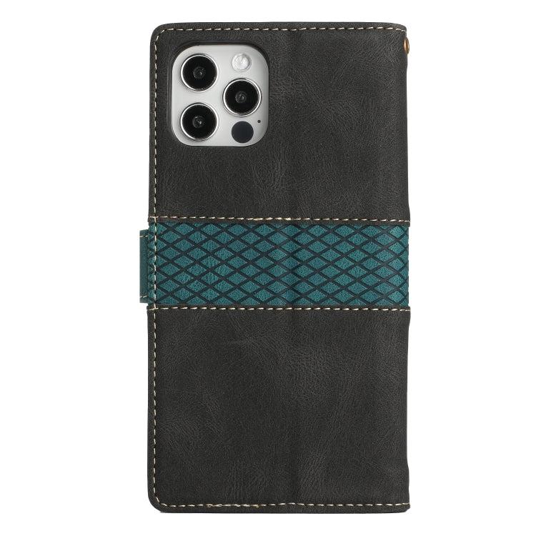 For iPhone 12 Pro Max Grid Stitching Leather Phone Case with Lanyard