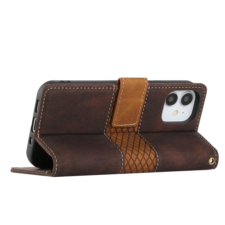 For iPhone 12 mini Grid Stitching Leather Phone Case with Lanyard