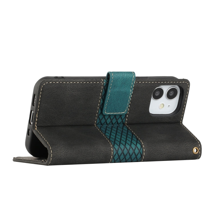 For iPhone 12 mini Grid Stitching Leather Phone Case with Lanyard