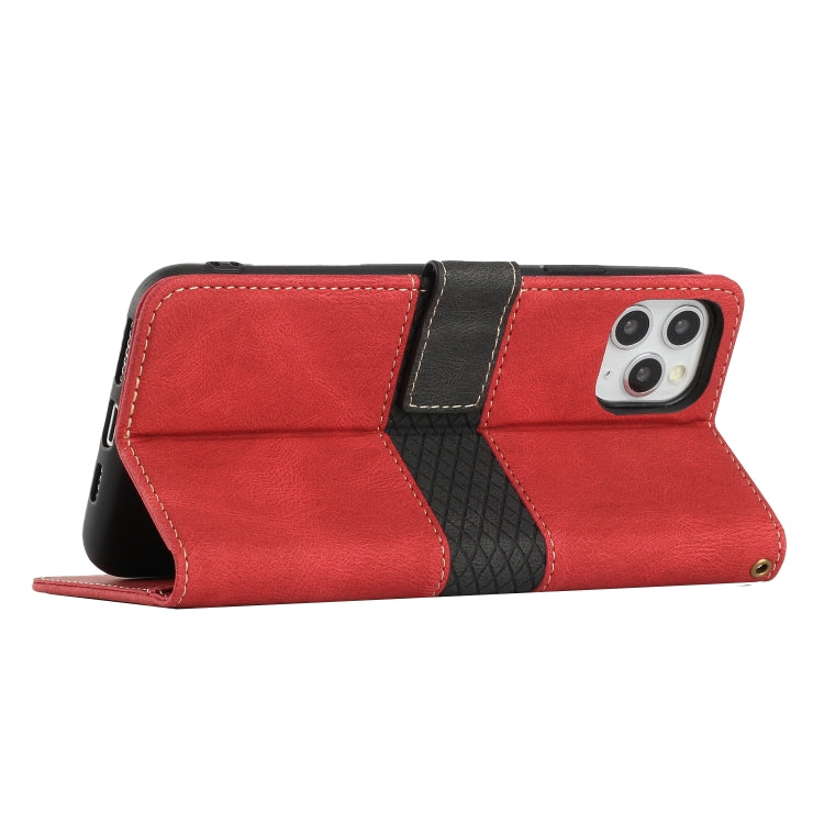 For iPhone 11 Pro Max Grid Stitching Leather Phone Case with Lanyard