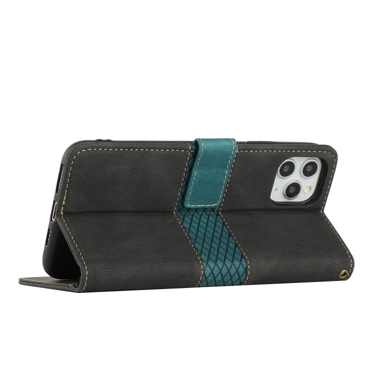 For iPhone 11 Pro Max Grid Stitching Leather Phone Case with Lanyard