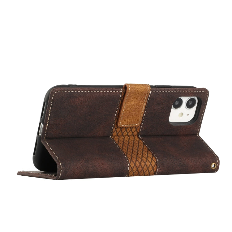 For iPhone 11 Grid Stitching Leather Phone Case with Lanyard