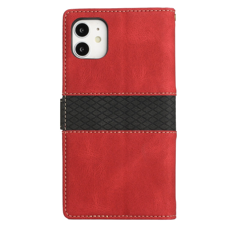 For iPhone 11 Grid Stitching Leather Phone Case with Lanyard