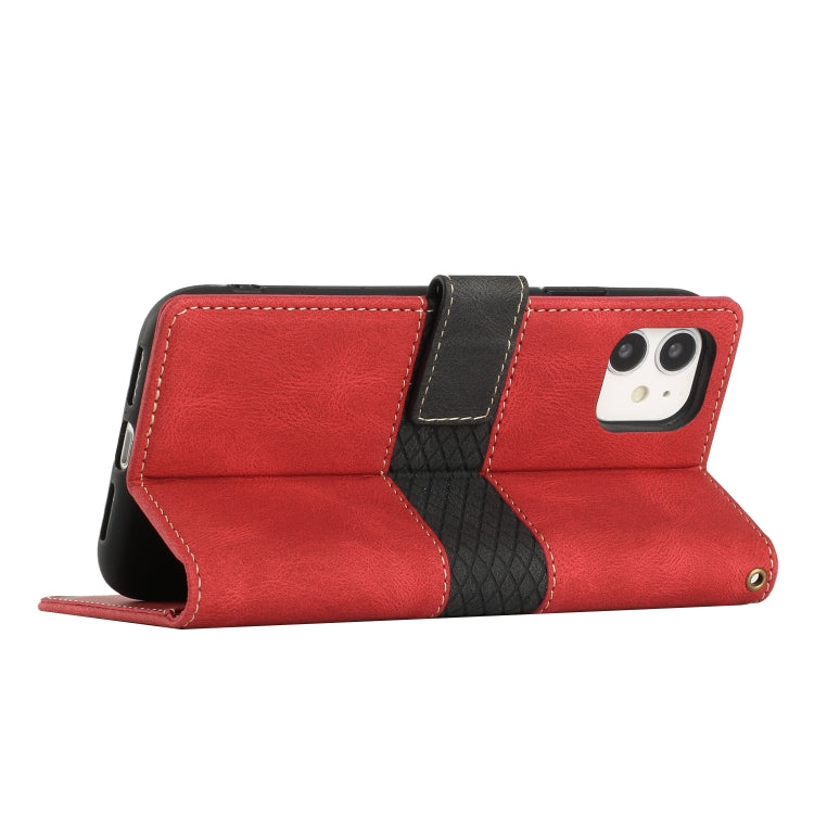 For iPhone 11 Grid Stitching Leather Phone Case with Lanyard